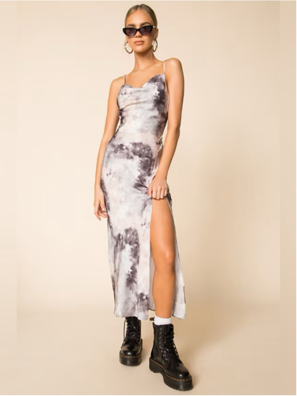 Superdown Krystal Slit Gray & White Tie-Dye Slip Maxi Dress